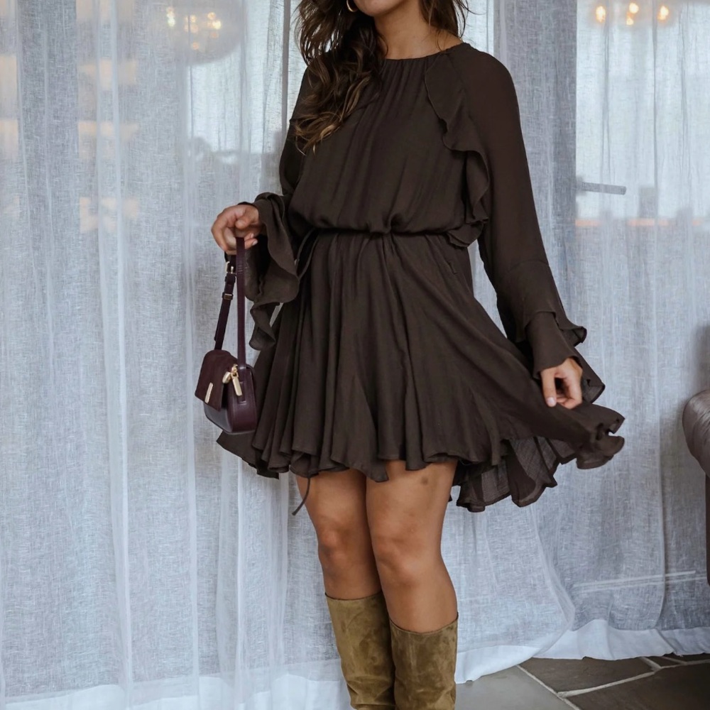 Elegant Long Sleeve Brown Dress